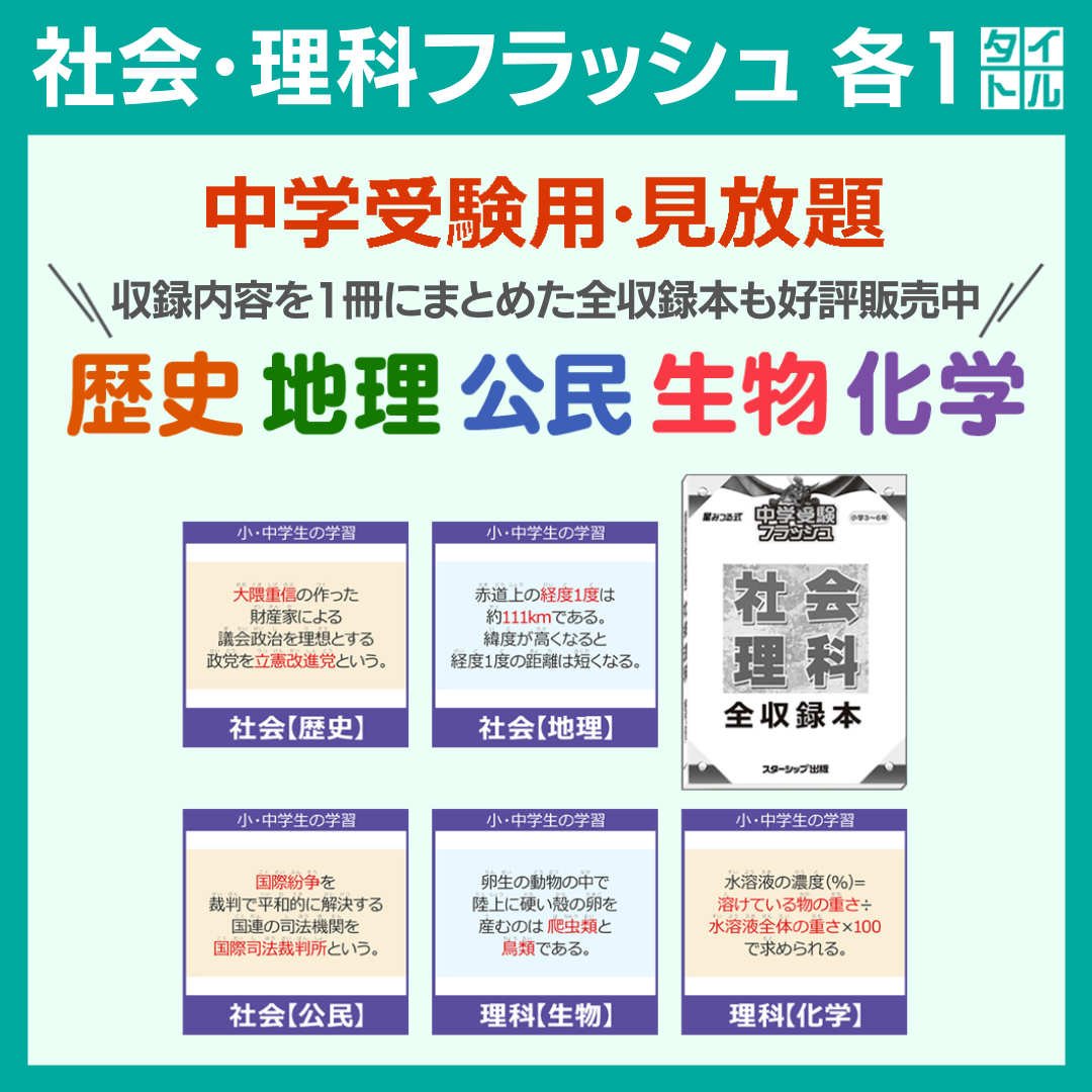 【新】中学受験 社会・理科フラッシュ 各1タイトル／歴史･公民･地理･化学･生物・全収録本《6ヵ月見放題》